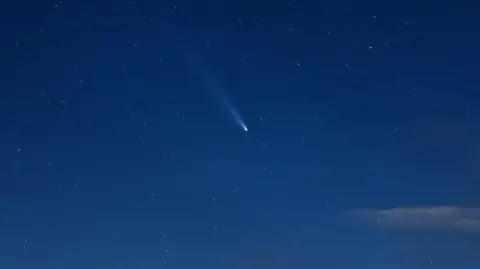 Julian Cartwright A white comet seen in a dark blue sky with some stars visible