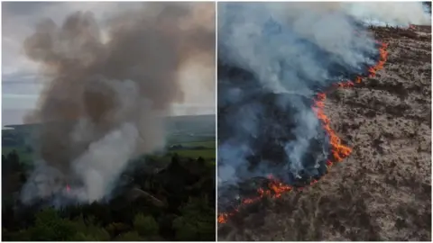 A composite picture. ON the left is a large plume of smoke and on the right a close up of a jagged fire 