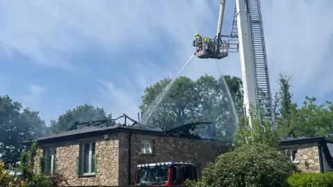A ladder with two firefighters on it. They are spraying water on a house. No flames can be seen but there is smoke rising from the house.