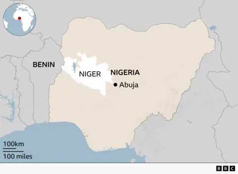 Map of Nigeria in West Africa highlighting the neighboring country of Niger in white against a beige background. Nigeria is labeled and shown surrounding Niger to the east, south, and north. The capital city, Abuja, is marked with a black dot in central Nigeria. Benin is labeled to the west. An inset globe in the upper-left corner shows the location of the region in Africa with a red marker. A scale bar indicating 100 km and 100 miles appears in the lower-left corner.