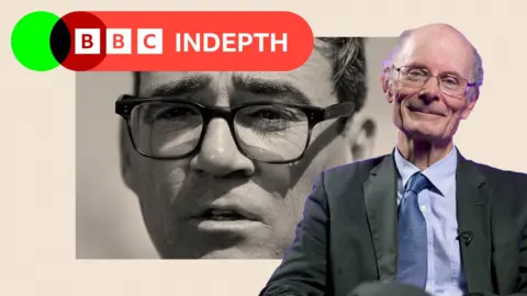 A black and white image of Andy Burnham with a border around which is cream. There is also an image of Sir John Curtice on the right and a lozenge which says BBC InDepth