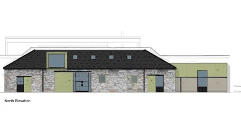 Bothy Gardens A computer generated image of what the finished bothy will look like. It shows the north elevation of the building, with a long main section and a one-storey extension on the right. The brick looks slightly whitewashed, with big glass windows covered by green sliding barn doors. The roof is covered in dark slate with a large skylight window.