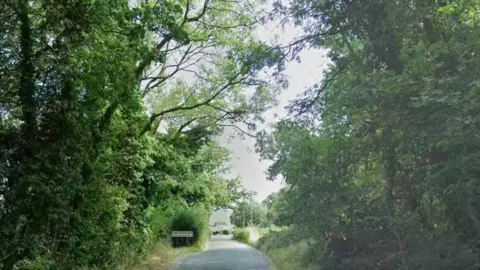 A narrow country lane with vegetation and trees bordering each side. There is a sign for Gaddesden Row in the distance.