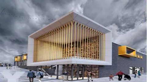 Rotherham Council An artist's impression of a modern building which has grey tiles and large, deep golden square windows. On the front corner of the building is a huge ornate entrance with several very long golden poles over a glass entrance