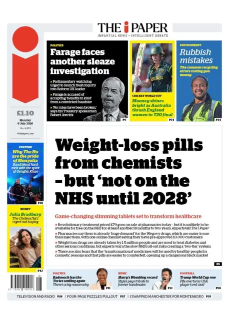 The headline on the front page of the i Paper reads: 'Weight-loss pills from chemists - but 'not on the NHS until 2028.'