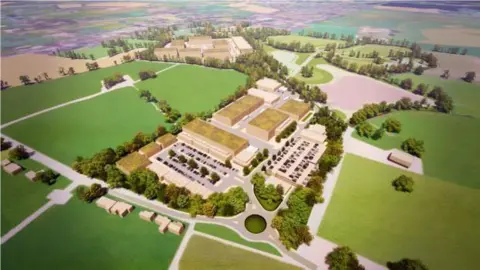 A computer generated image of what the film studios might look like. It's a complex of buildings surrounded by greenery, with a large car park.