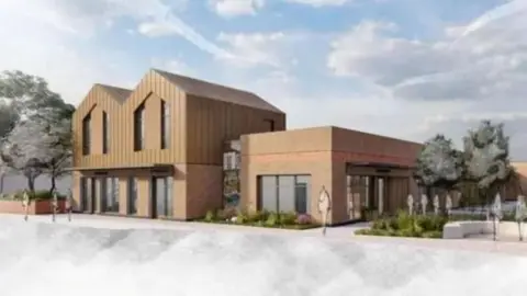 LDRS An artist's impression shows two brown buildings. One is two storey with a pitched roof, the other is single storey