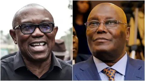 Peter Obi, on the left hand side of the composite photo, wears a black shirt and black-rimmed glasses. He is smiling in the photo. Atiku Abubakar, on the right hand side, wears glasses, a suit and a patterened tie.