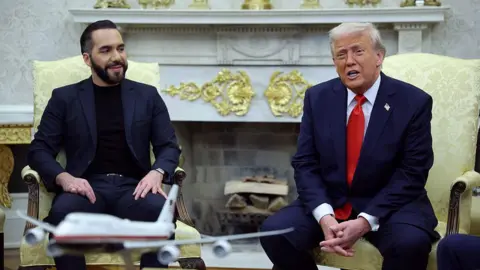 President Donald Trump meets with President Nayib Bukele of El Salvador in the Oval Office, both wear dark blue suits and appear to be smiling