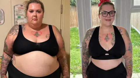 Sian Robinson Two photos side by side of a woman before and after weight loss. She wears the same black bra top and leggings and her upper half can be seen. In both, her long blonde hair is tied back and colourful tattoos can be seen decorating her skin.