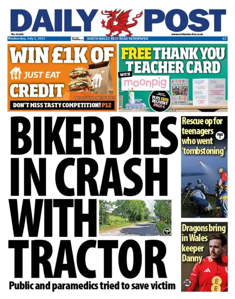Daily Post Front page of the Daily Post with the splash headline: "Biker dies in crash with tractor". Above are adverts for Just Eat and Moonpig. To the right are two boxes with the headlines: "Rescue op for teenagers who went 'tombstoning'" and "Dragons bring in Wales keeper Danny".