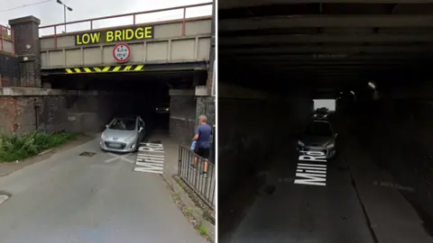 Composite image. Left - a Google street view image of the mouth of Mill Road tunnel. Right - a Google street view imagine inside the tunnel, it’s dark.