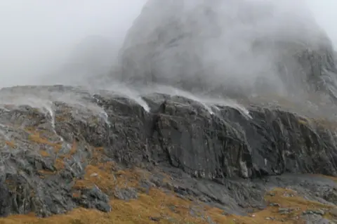 SAIS Lochaber High winds blowing waterfalls on Ben Nevis