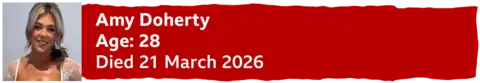 A banner with a photo of Amy Doherty reading "Age 28, died 21 March 2026"

