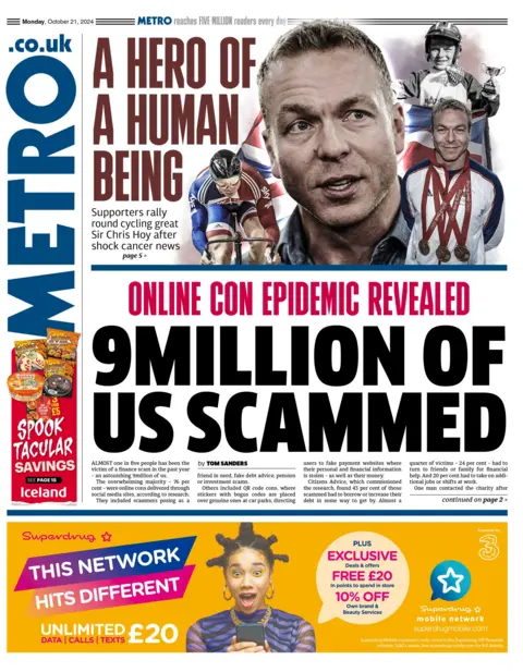 The front page of the Metro reads: "Online con epidemic revealed: 9 million of us scammed"