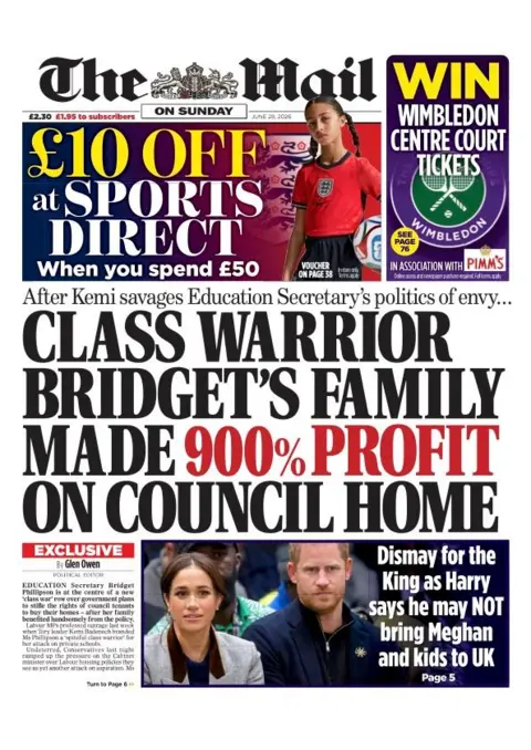 The headline on the front page of the Mail on Sunday reads: "Class warrior Bridget's family made 900% profit on council home."