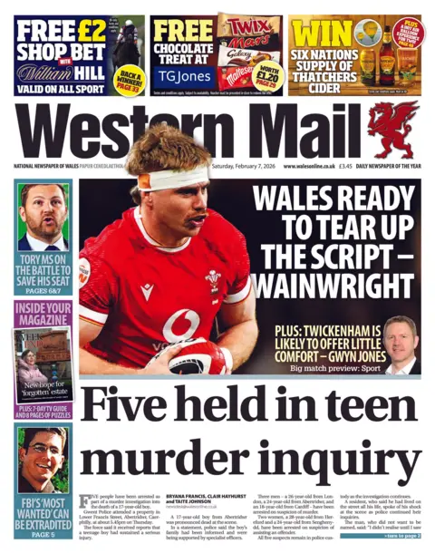 Western Mail Front page of Western Mail shows two main headlines. The first one "Wales ready to tear up the script - Wainwright" is next to an image of rugby player Aaron Wainwright in his Welsh red kit holding a rugby ball in his hands. The other headline reads: "Five held in teen murder inquiry". Other headlines read: "Tory MS on the battle to save his seat", "FBI's 'most wanted' can be extradited".