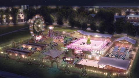 Plans for the festive event at Parker's Piece showing a lodge bar, open air ice rink, ferris wheel, and carousel.