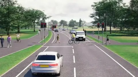 A computer generated picture of a new road and set of traffic lights that will be built as part of the HIF1 project 