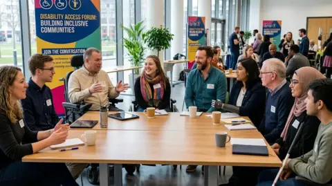 Diverse group of people, including wheelchair users and an individual with a prosthetic arm, gathered around a table at a disability access forum.