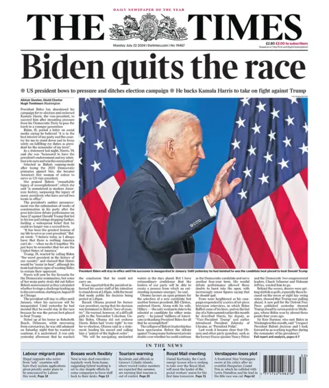 Times headline is "Biden quits the race"