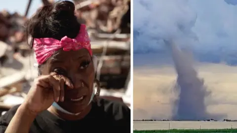 A composite image showing a woman crying on the left and a tornado on the right.