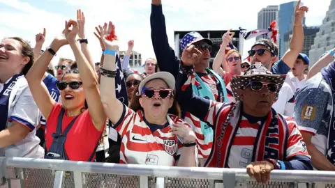 American fans cheer for the USA national team ahead of the World Cup
