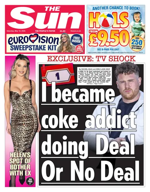 The headline on the front page of the Sun reads: "I became coke addict doing Deal Or No Deal."