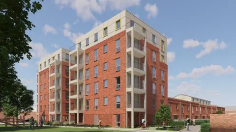 Gloucester City Homes A computer generated image showing what the proposed development would look like. It is a large residential block made from red bricks and lots of windows. There are green spaces surrounding it, and people depicted riding bikes and walking past.