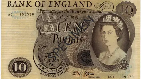 Bank of England A Bank of England ten‑pound banknote with intricate engravings and security patterns. It features an ornate promise-to-pay text and a detailed portrait of a crowned figure on the right. A bold “SPECIMEN” overprint and serial numbers mark it as a reference or sample note.