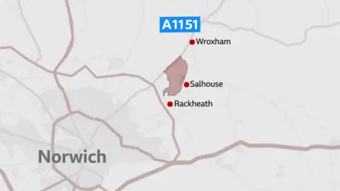 A map showing the area where the development will be built. It shows Rackheath and Salhouse, with Norwich to the south-west.