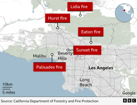 Map showing location of five fires around Los Angeles