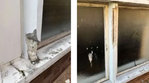 Both images show close-up views of damaged windows on the Corn Exchange building, highlighting the safety issues behind the council’s plans. In the first image, the corner of a window surround is visibly crumbling. A chunk of concrete has already broken away from the frame, exposing rough, pale inner material beneath the painted surface. The second image shows two adjoining windows with frosted glass inside pale blue frames. The concrete around the edges of the windows looks worn and cracked, with sections missing along the vertical join between the panes. 