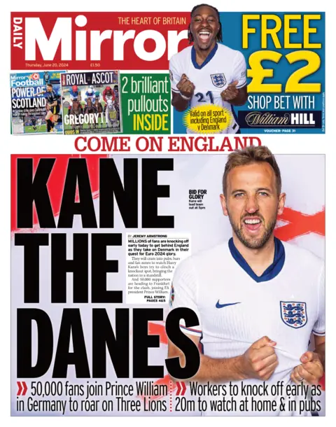 Daily Mirror The front page of the Daily Mirror, whose headline reads "Kane the Danes"