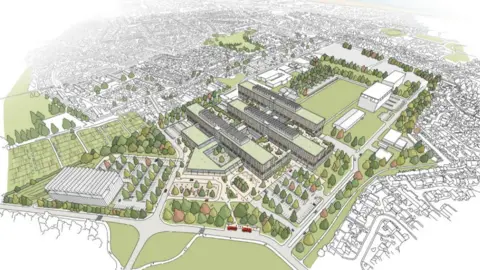 Bidwells/James Paget University Hospitals NHS Foundation Trust A drawing of the initial plans for the new hospital, showing the proposed buildings and the wider community around it.