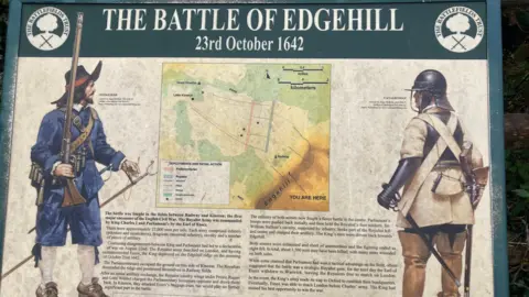 An exhibition board with the title "The Battle of Edgehill" with the date underneath. Below that is a map and a description of what took place. Either side of the map are images of two soldiers.