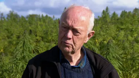 Farmer Martin Cessford standing in front of dozens of hemp plants at his secret growing site