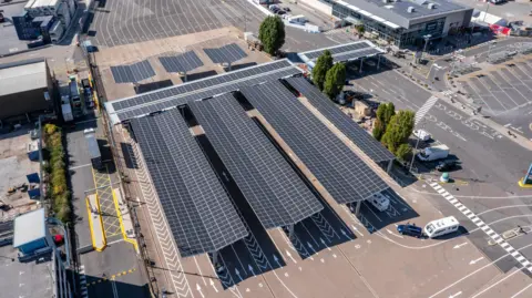 Portsmouth International Port Large solar panels over the dockside.