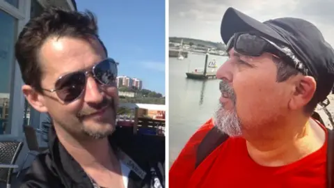 Composite of separate photos of the two men. Daniel Coleman is in what appears to be a sunny beer garden. he is wearing silver framed sunglasses, has dark brown hair and is cocking his head to the left, he is smiling and the sun is reflecting off his face. Claudio Aquilino is wearing a black cap sunglasses on his head and a red T-shirt, looking to the side, in front of a harbour of some kind.