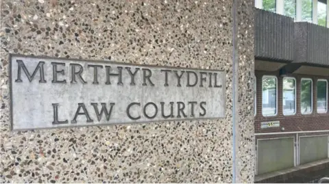 BBC Sign outside Merthyr Tydfil Law Courts