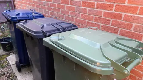 Three waste bins are pictured resting nest to a house. The furthest one away is a navy colour, the middle one is black, and the closest is green.