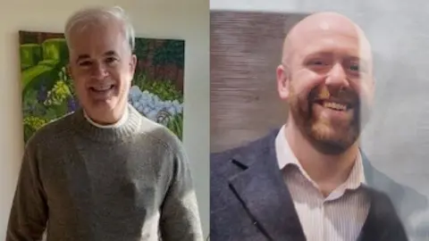 A side-by-side image of two separate portraits.
On the left, a person with short, light-colored hair stands indoors in front of a colorful painting of a garden scene. The person is wearing a grey knitted sweater and is positioned from the chest up against a light-colored wall.
On the right, another person is shown from the chest up indoors, standing against a wooden wall panel. The person is wearing a dark blazer over a light, collared shirt, with closely shaved hair and a full beard.