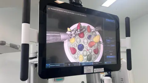 A screen showing an enlarged image of the robotic arms being used on a prop, which has a round base and coloured, small tentacle-shaped parts sticking out of it.