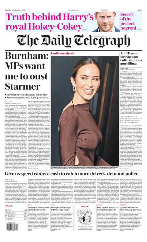  MPs want me to oust Starmer" reads the headline on the front page of The Daily Telegraph.