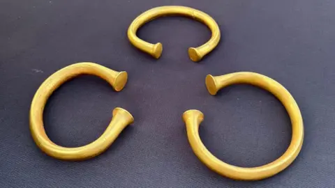 Lothian Relics Metal Detecting Three gold bangles laid on a grey background. In each bangle there is a small gap to create a C-shape. The metal bulbs out at the ends either side of the gap.