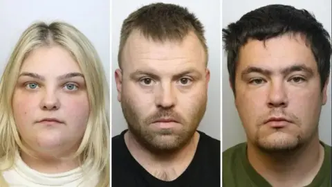 Avon and Somerset Police Mugshots of three three defendants: a woman with blond hair and two men with facial hair and dark hair.