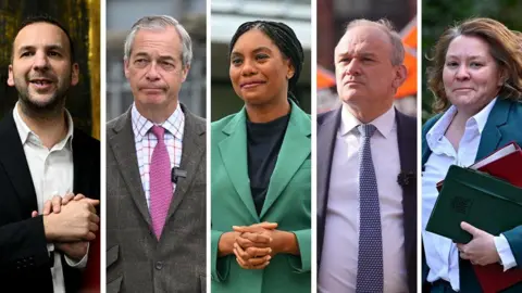 Getty Images A composite image of five photos of Zack Polanski, Nigel Farage, Kemi Badenoch, Sir Ed Davey and Anna Turley. 