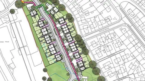 Bradford Council A technical drawing of construction plans for 32 homes on a green area