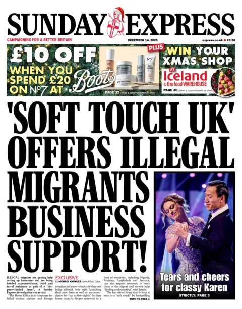 "'Soft touch UK' offers illegal migrants business support!" reads the headline on the front page of the Sunday Express.