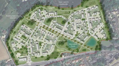 An aerial image of buildings, a play area, ponds and paths between the buildings.